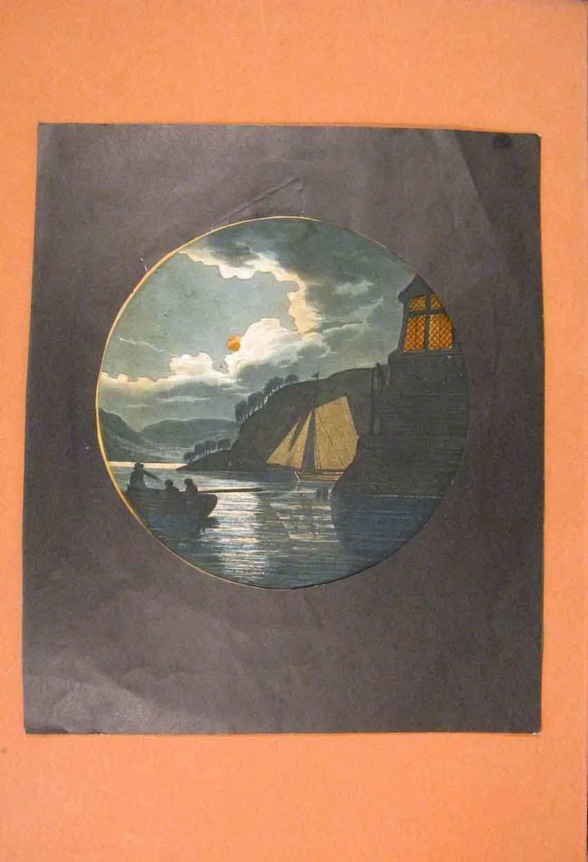 Original Old Antique Print Lake River Boat Dusk Evening Fine Art Color Sailing