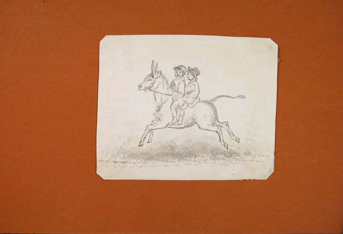 Original Old Antique Print Children Riding Dockey Sketch Scrapbook Art