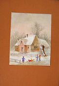 Original Old Antique Print School Snow Children Fight Play Watercolor Drawing