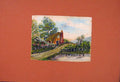 Original Old Antique Print Fine Art Watercolor Village Country Lane