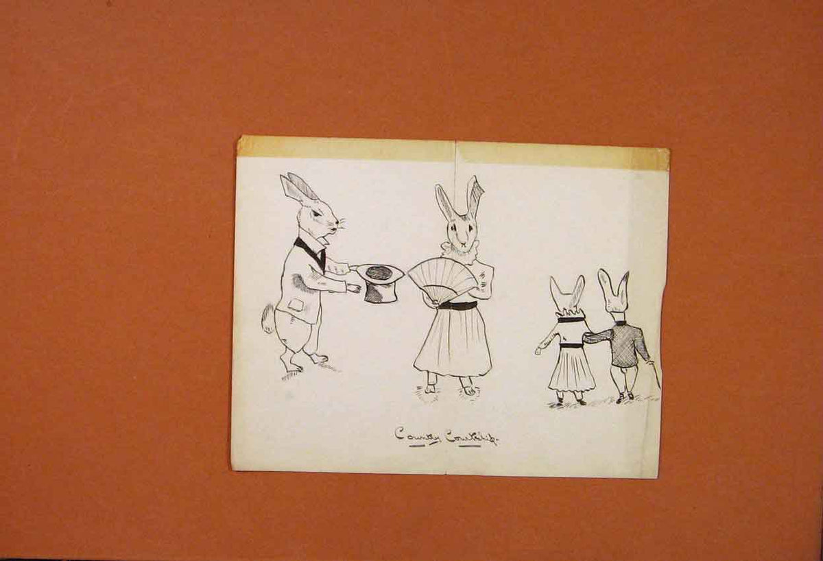 Original Old Antique Print Country Courtship Rabbits Drwaing Sketch Fine Art