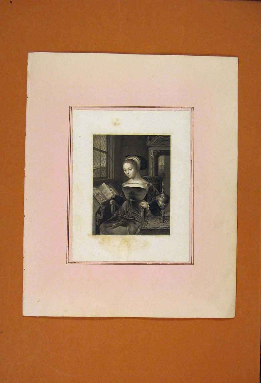 Original Old Antique Print Fine Art Portrait Reading Desk C1881 19th