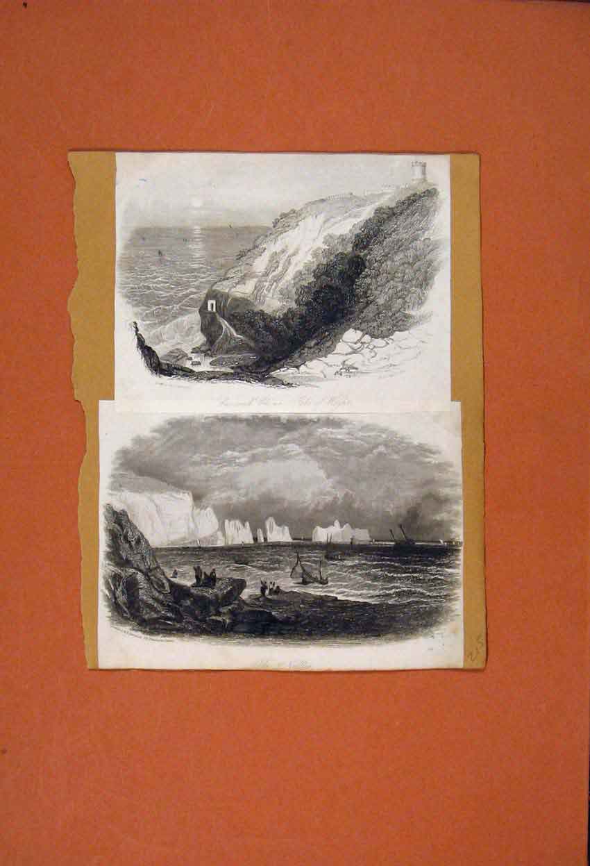 Original Old Antique Print Isle White St John Needles Drawing Art