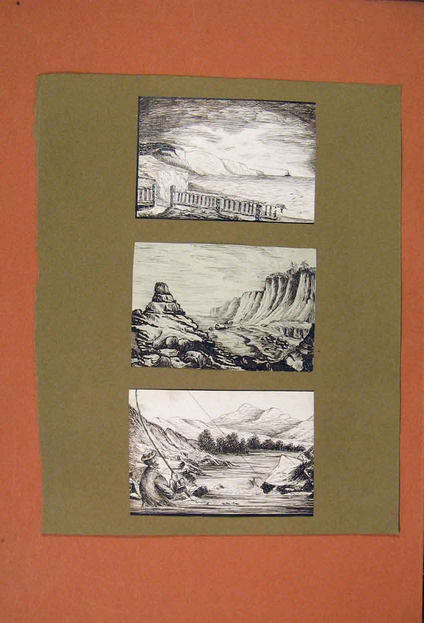 Original Old Antique Print Sketch Drawing Sea Side Cliff Fishing Art 20th