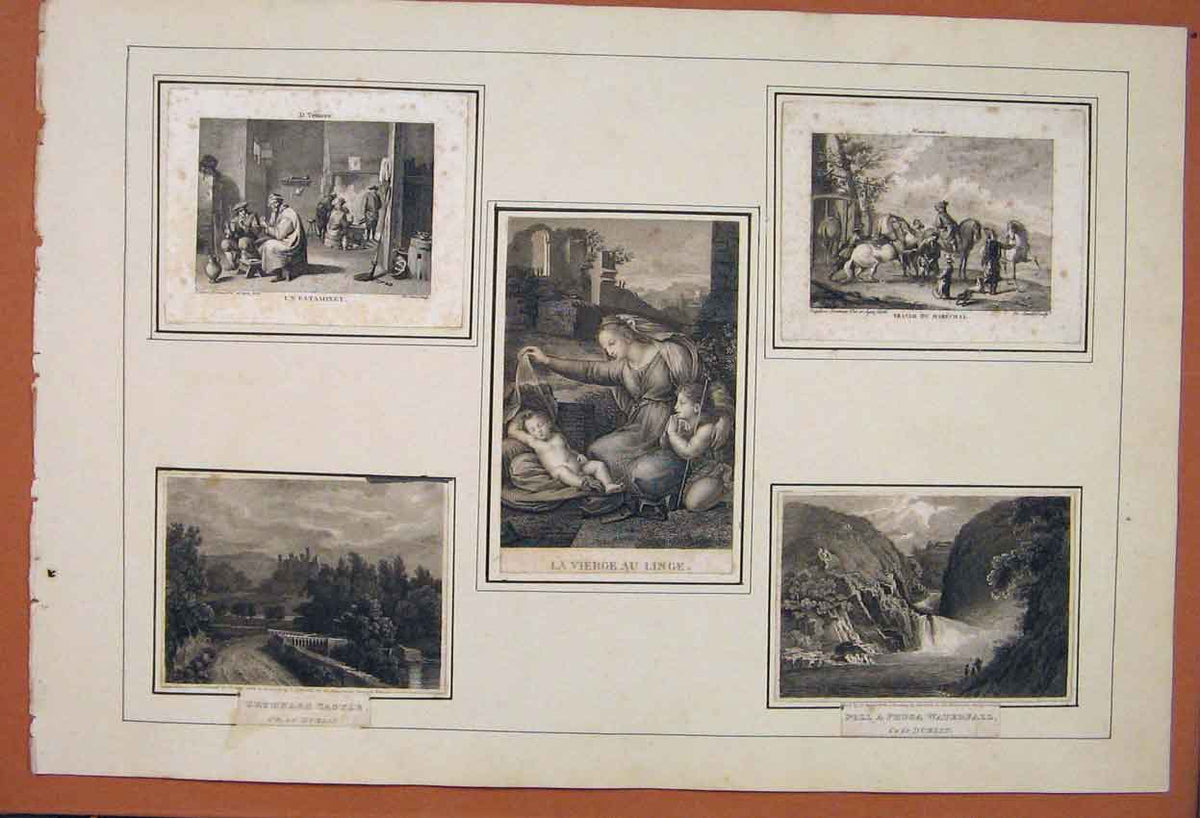 Old Antique Print French Scrap Book Pictures Castle Vierge Waterfall Art