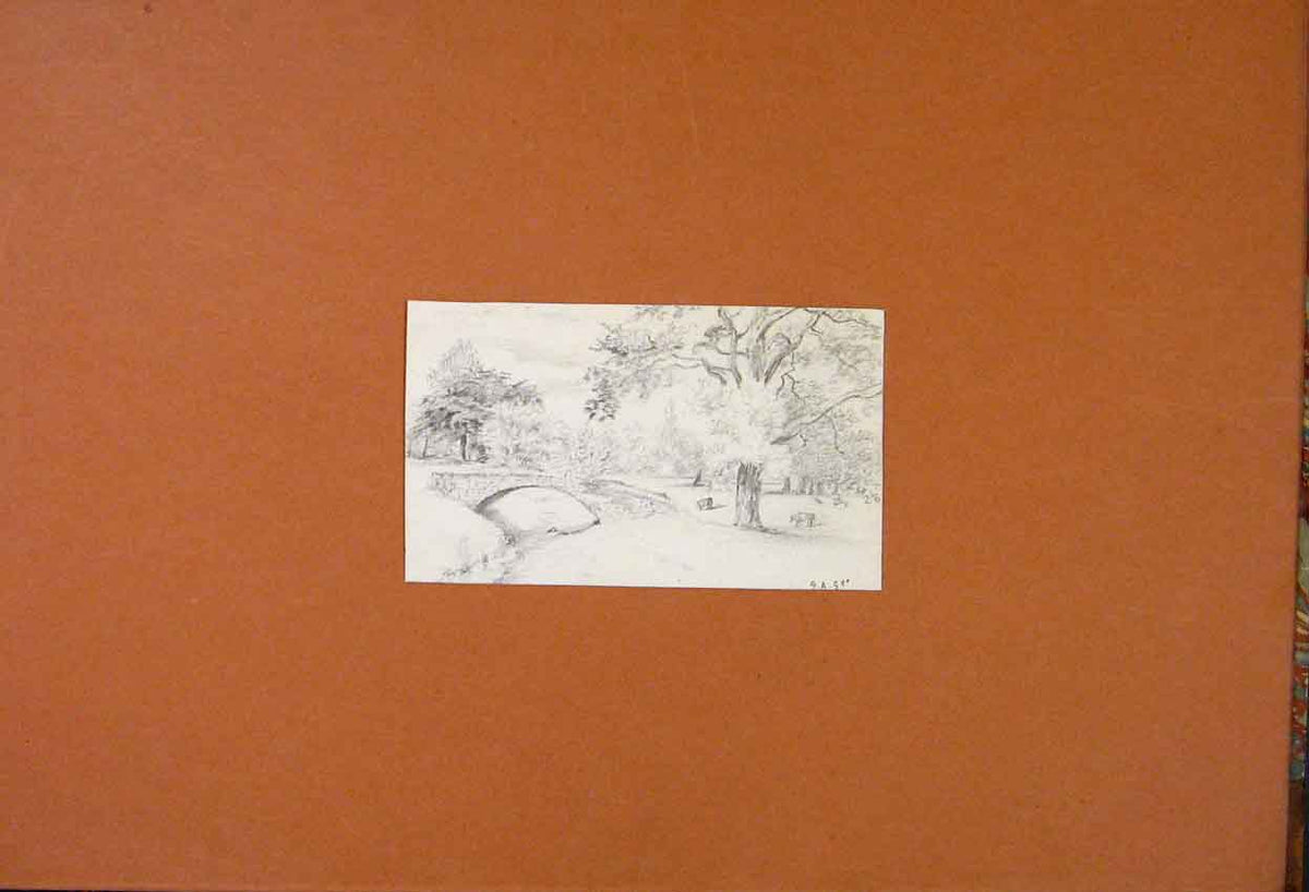 Original Old Antique Print Sketch Drawing Fine Art Etching Park Stream