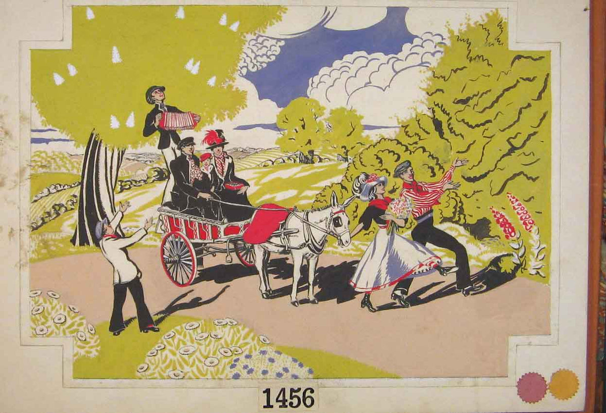 Original Old Antique Print Horse Carriage Park Path Water Color