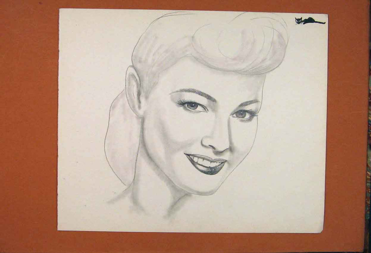 Original Old Antique Print Portrait Face Lady Pencil Drawing Art Sketch