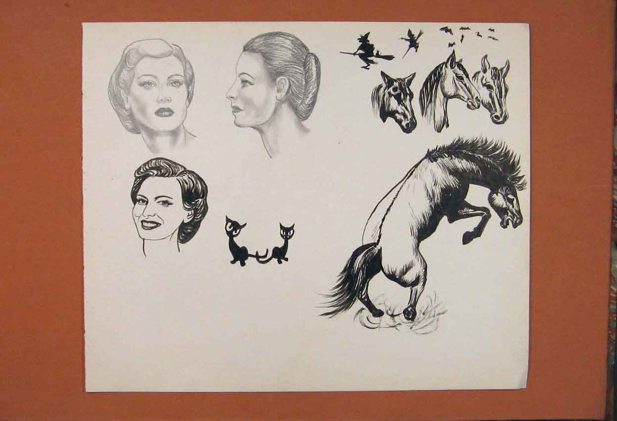 Original Old Antique Print Sketch Drawing Horse Lady Cat Animal Fine Art