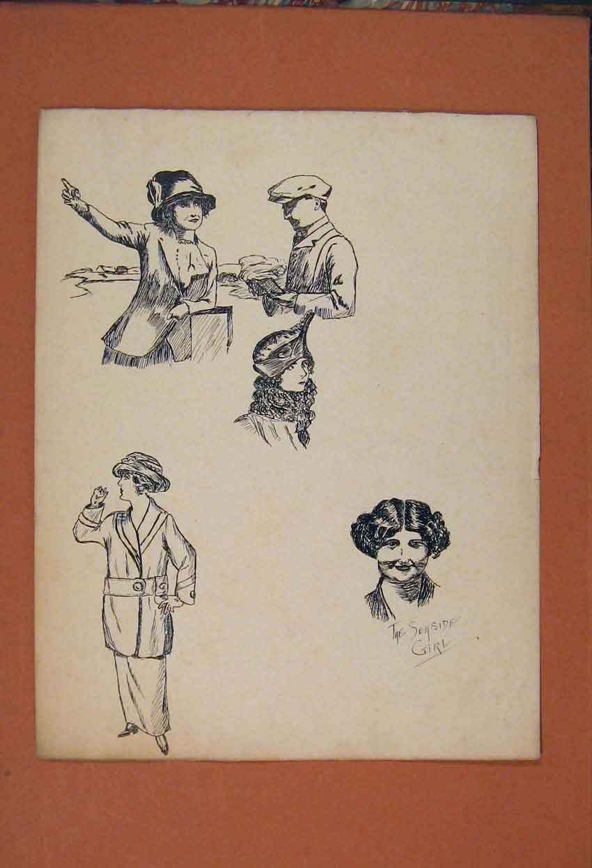 Original Old Antique Print Seaside Girl Sketch Drawing Man Directions Fine Art