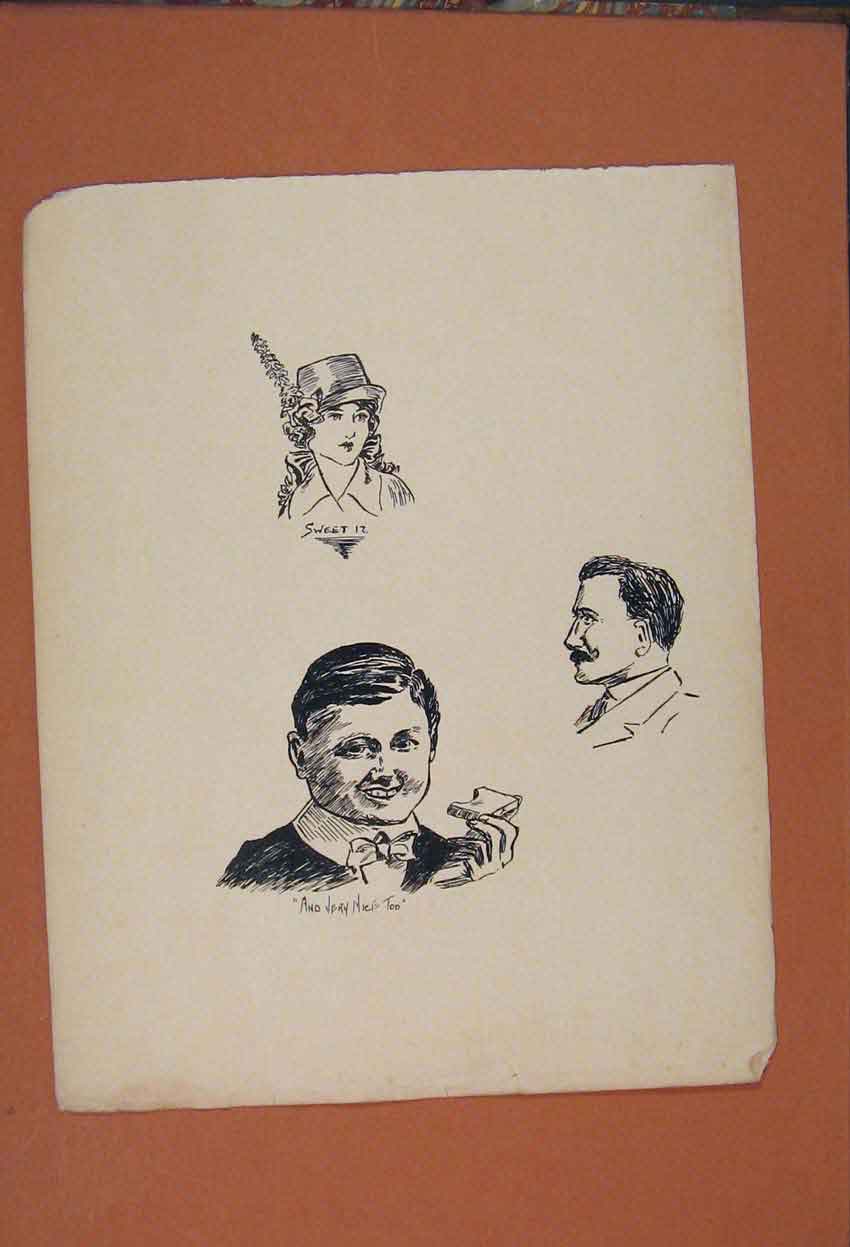 Original Old Antique Print Sketching Drwaings Ink Fine Art Lady Man Face