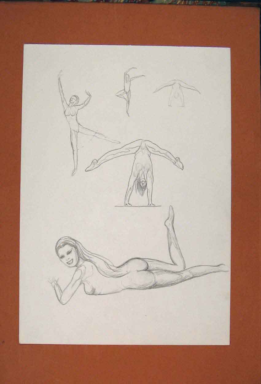 Original Old Antique Print Lady Exercise Practise Gymnastic Sketch Drawing