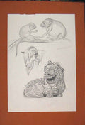 Original Old Antique Print Dragon Bull Rat Mouse Sketching Drawing Fine Art