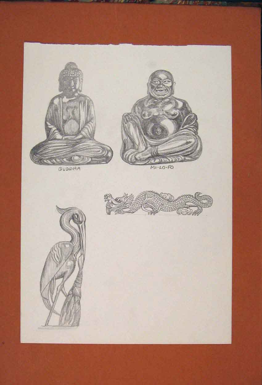 Original Old Antique Print Buddha Sketch Mi Lo Fo Dragon Art Stork Drawing Art