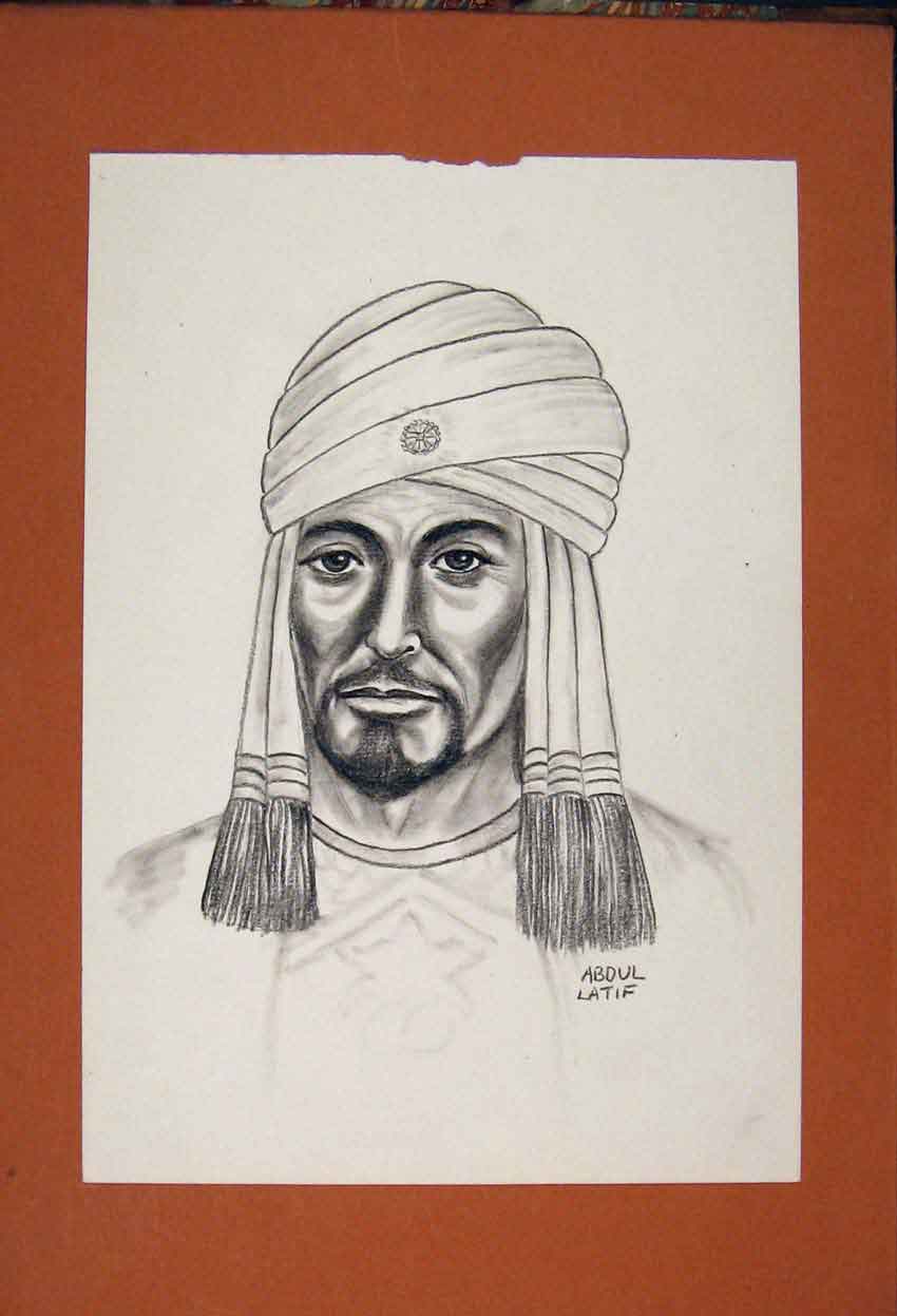 Original Old Antique Print Abdul Latid Facial Portrait Sketch Fine Art Drawing