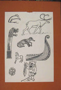 Old Antique Print Celtic Shape Dragon Boat Deer Horse Man Fishing Sketch