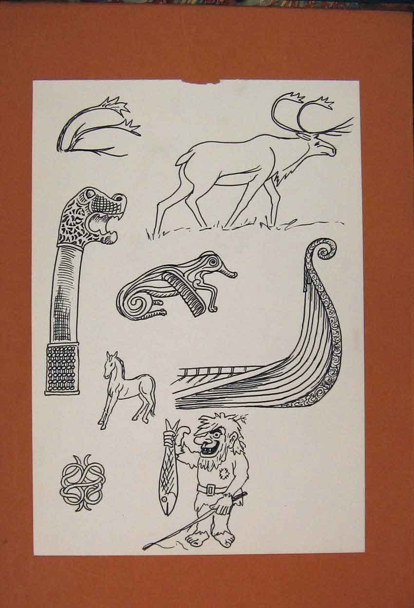 Old Antique Print Celtic Shape Dragon Boat Deer Horse Man Fishing Sketch