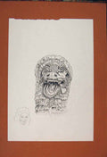 Original Old Antique Print Mask Dragon Mystical Fine Art Sketch Drawing
