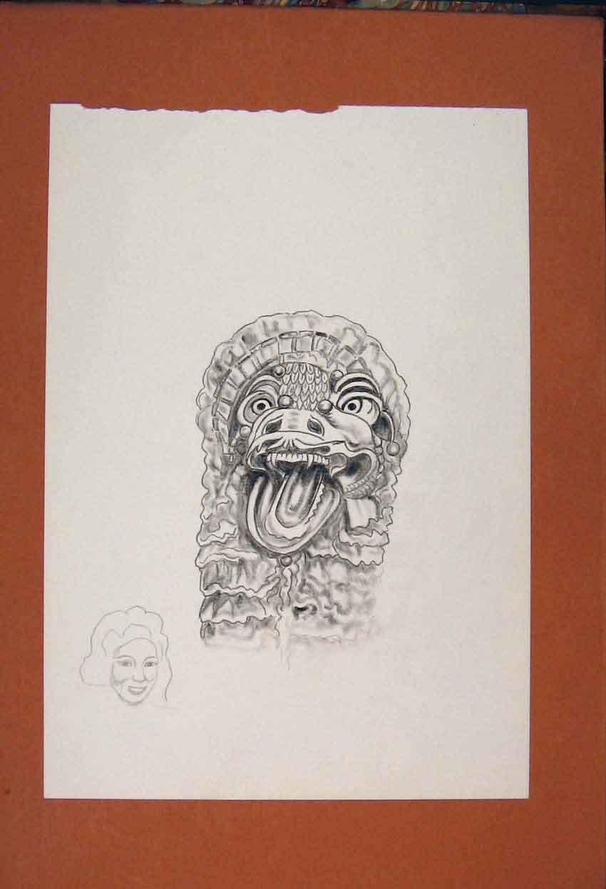 Original Old Antique Print Mask Dragon Mystical Fine Art Sketch Drawing