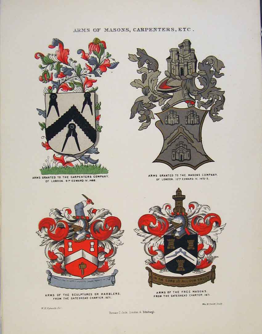 Original Old Antique Print Arms Carpenters Amsons Company Marblers Color