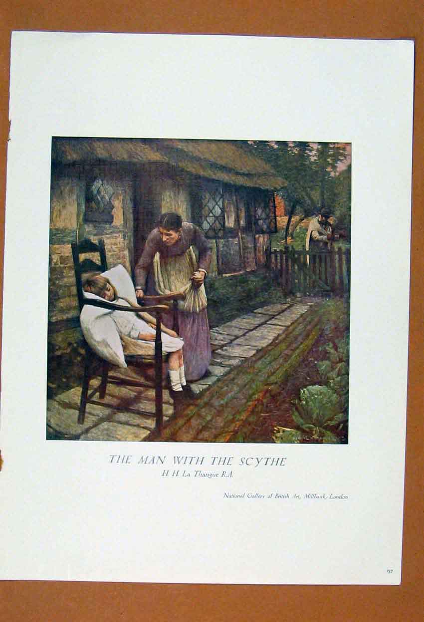 Original Old Antique Print Thangue British Artist Man Scythe Art 20th Century
