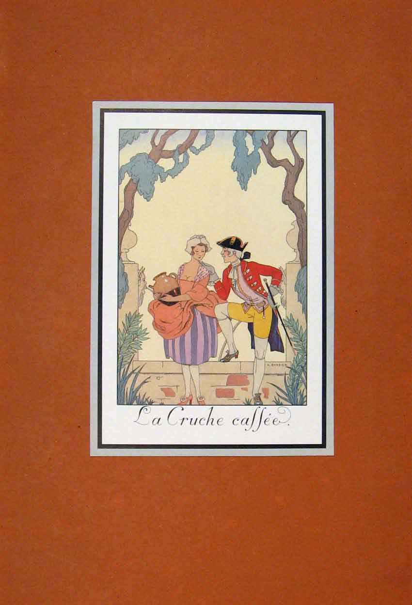 Original Old Antique Print La Cruche Cassee Sier Flirt Maiden Art