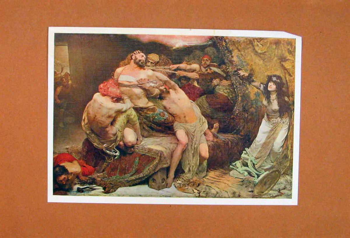 Original Old Antique Print Fine Art Mystical Painting Battle Fight Victorian
