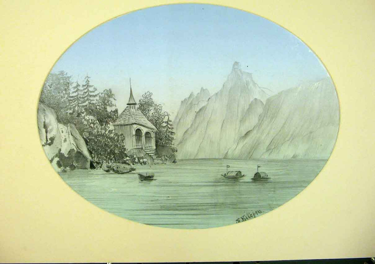 Original Old Antique Print Color Fine Art Sketch River Lake Mountain Chappel
