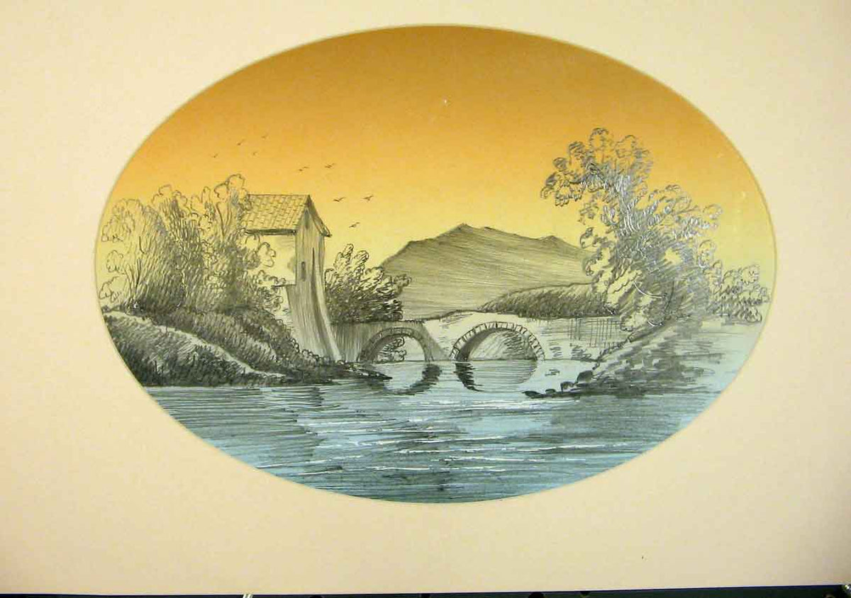 Original Old Antique Print Sketch Color Bridge River House Fine Art