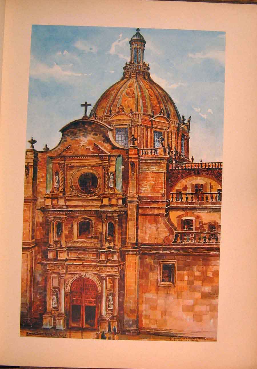 Original Old Antique Print West Fa∆?Ade Mexico Cathedra L& Dome By Navarrete