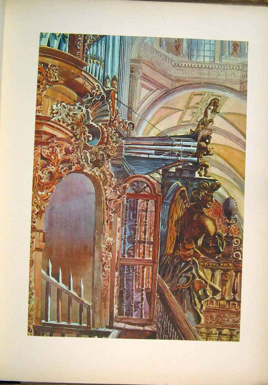 Original Old Antique Print Detail Big Organ Mexico Cathedral By Navarrete