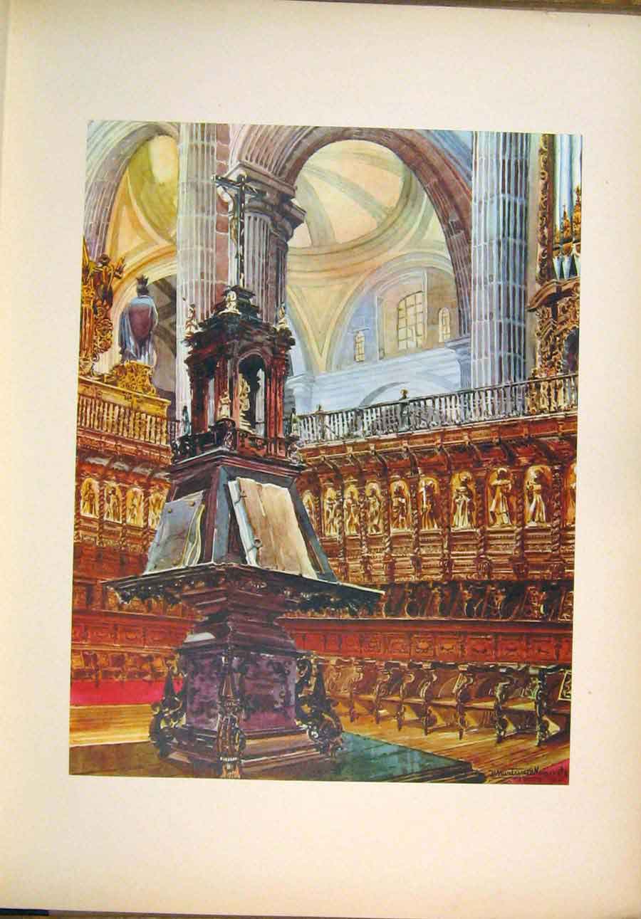 Original Old Antique Print Choirsters Desk Mexico Cathedral Choir By Navarrete
