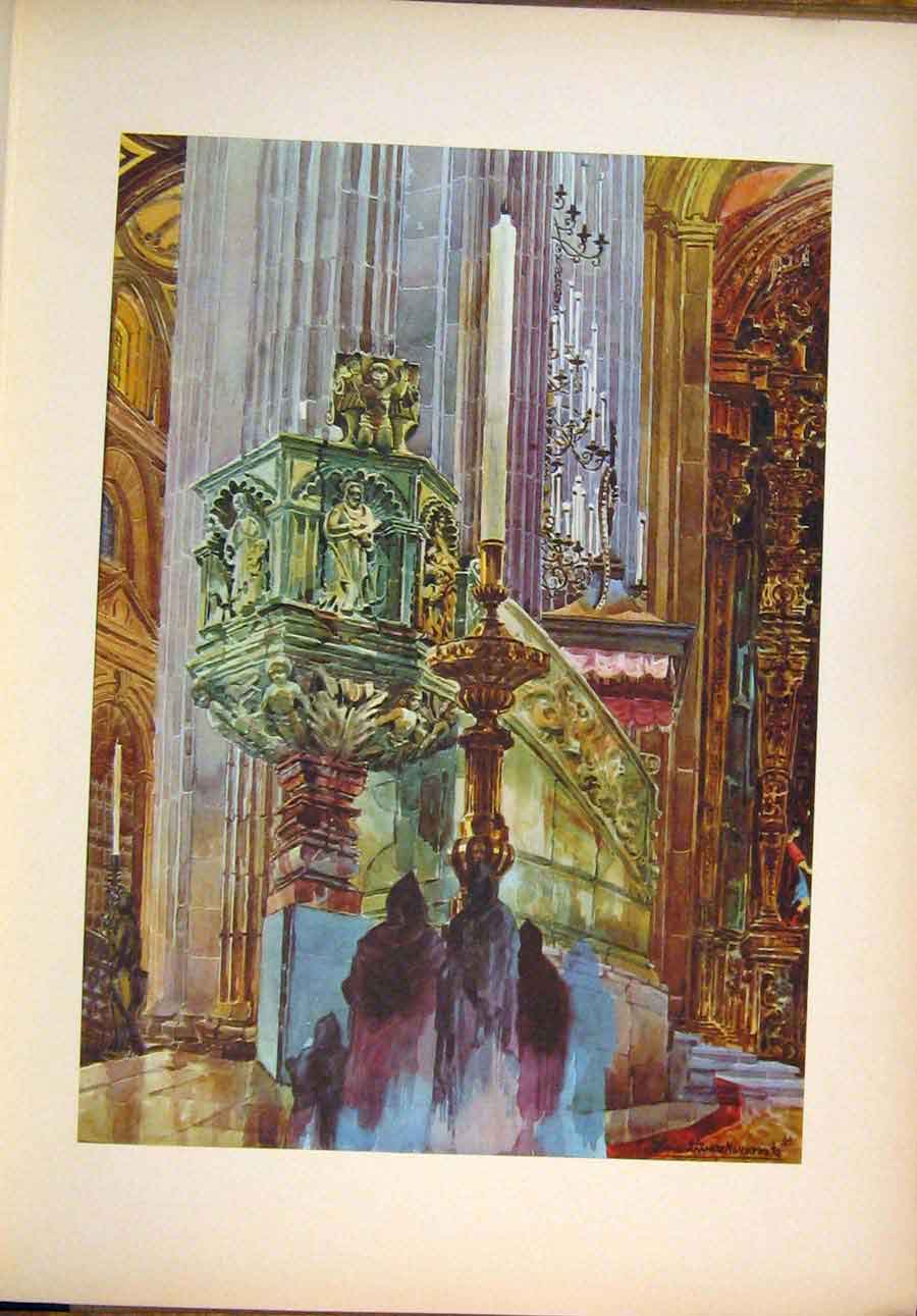 Original Old Antique Print Baroque Pulpit Made In Tacali Mexico Cathedral