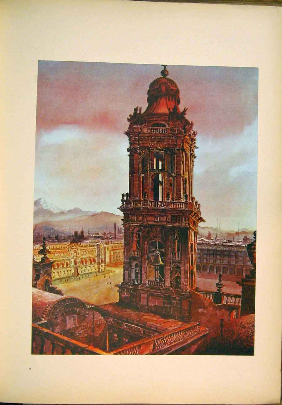 Original Old Antique Print Western Tower Mexico Cathedral By Navarrete