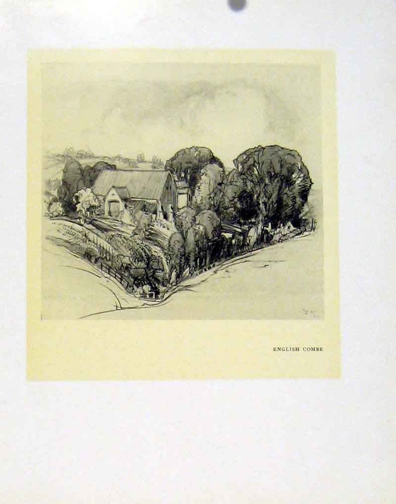Original Old Antique Print English Combe Fine Art Somerset C1927 Village 20th