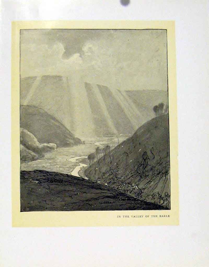 Original Old Antique Print Valley Barle Sun Ray Mountain View Fine Art Victorian