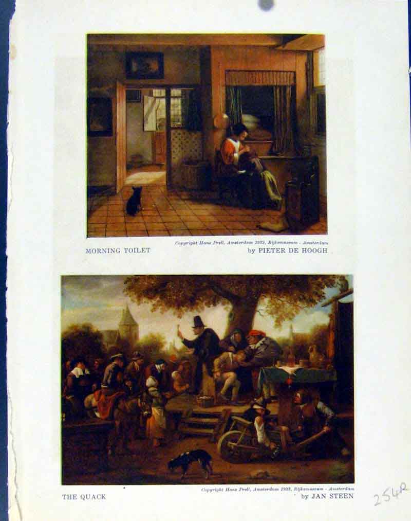 Original Old Antique Print Morning Toilet Quack Dead Roe Fine Art Color Plates