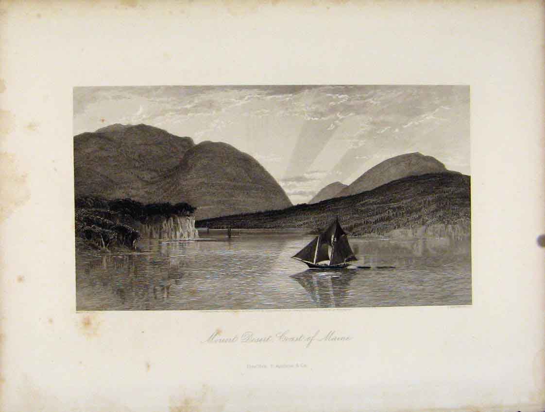 Original Old Antique Print Mount Desert Coast Maine Steel Engraving 1872 19th
