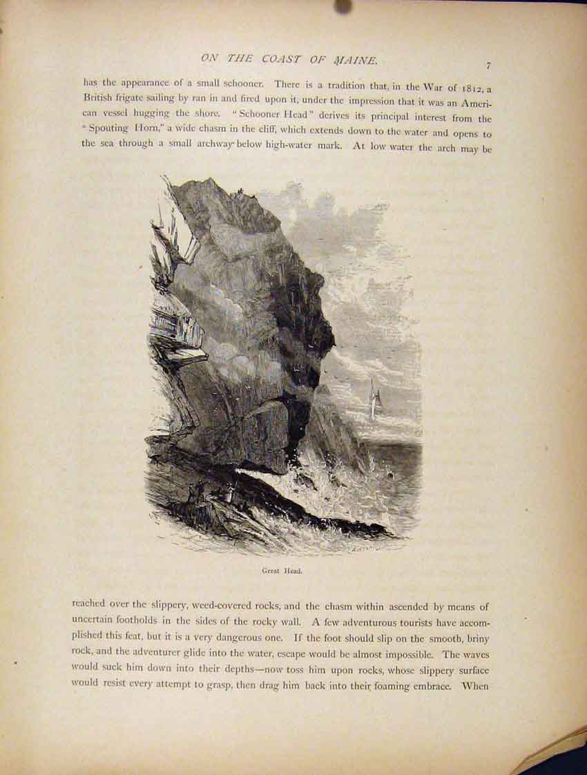 Original Old Antique Print Coast Maine Great Head Engraved Art C1872 Victorian