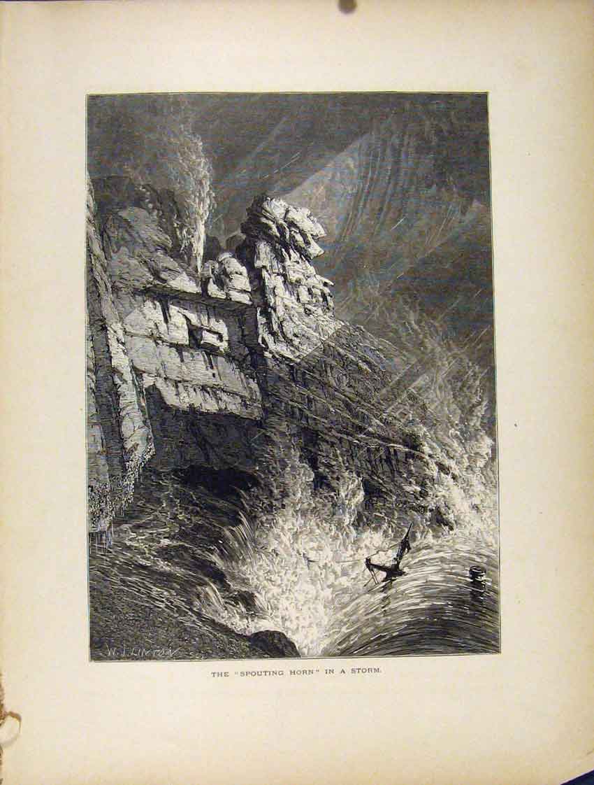 Original Old Antique Print Spouting Horn Storm Boat River Sea Mountain Cliff