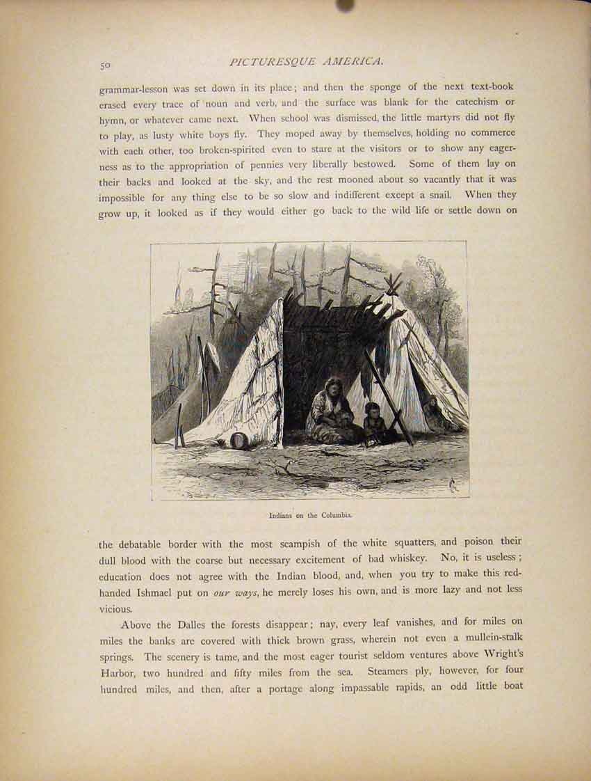 Original Old Antique Print Indians Columbia Engraving Fine Art C1872 Victorian