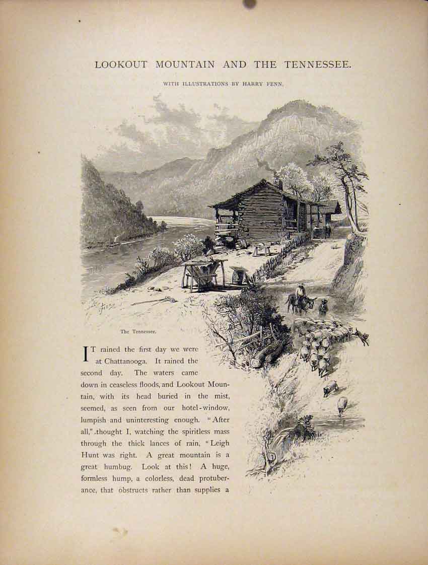 Original Old Antique Print Lookou Mountain Tennessee Wood Engraving
