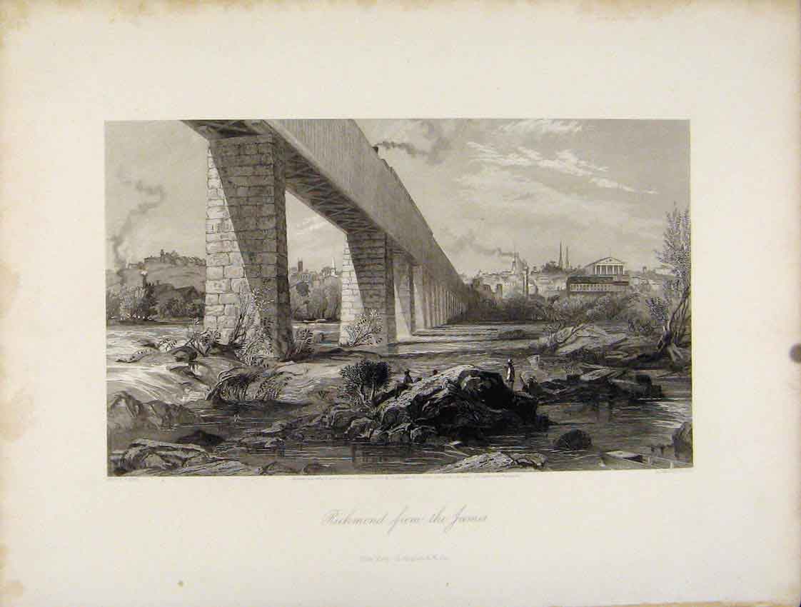 Original Old Antique Print Steel Engraving C1872 Richmond James River Victorian