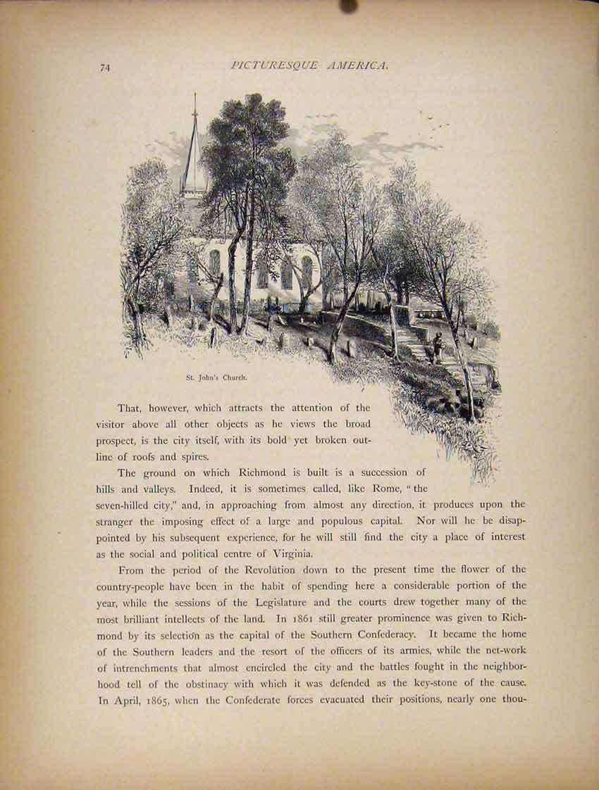 Original Old Antique Print St Johns Church C1872 Wood Engraving 19th