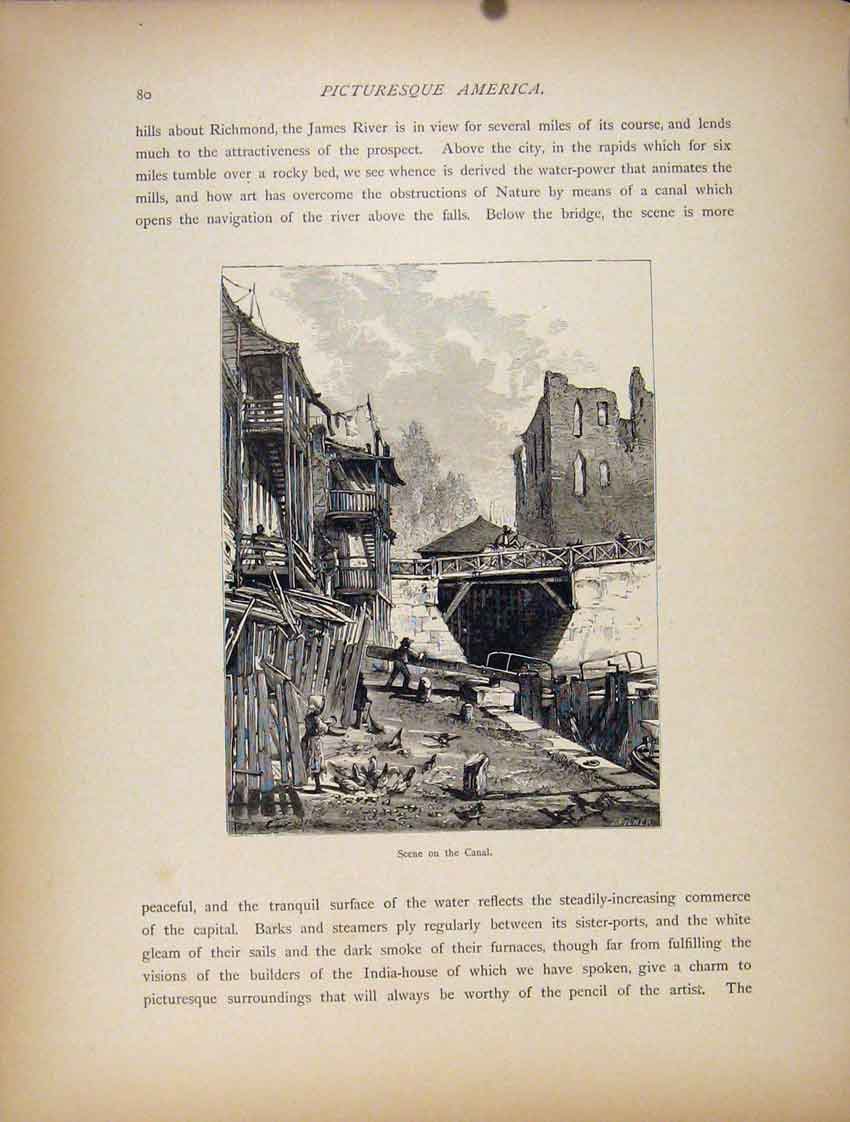 Original Old Antique Print Canal James River Wood Engraving Art C1872 Victorian
