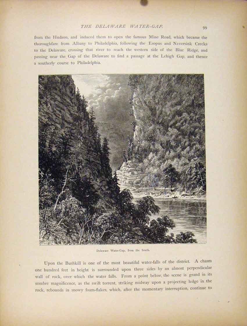 Original Old Antique Print Wood Engraving C1872 Delaware Water Gap South 19th