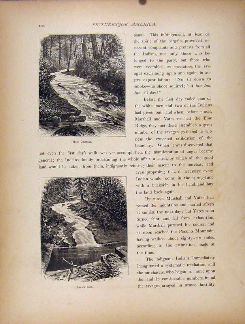 Original Old Antique Print Moss Cataract Dianas Bath Engraving Fine Art