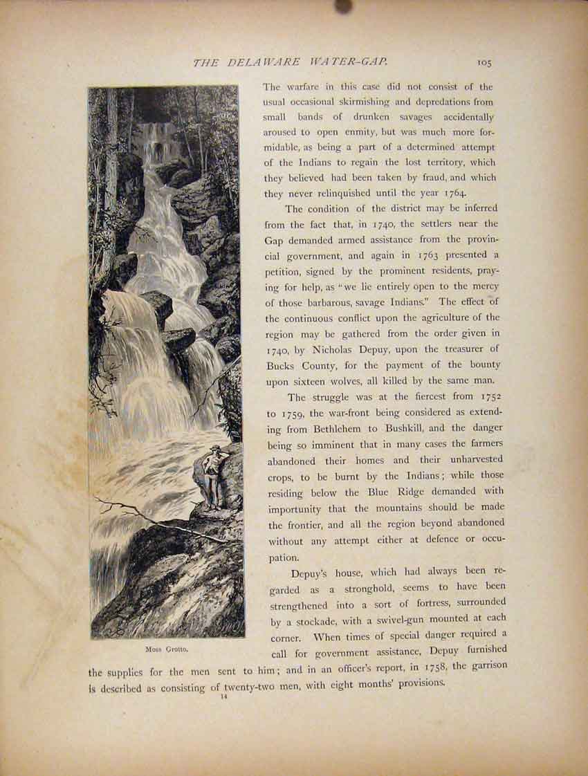 Original Old Antique Print Delaware Water Gap Moss Grotto Fine Art
