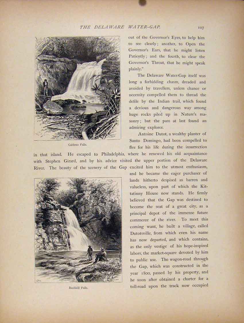 Original Old Antique Print Delaware Water Gap Caldeno Falls Bushkill