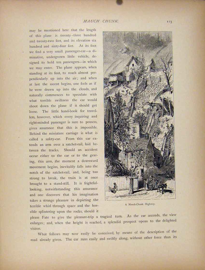 Original Old Antique Print Mauch Chunk Highway Wood Engraving